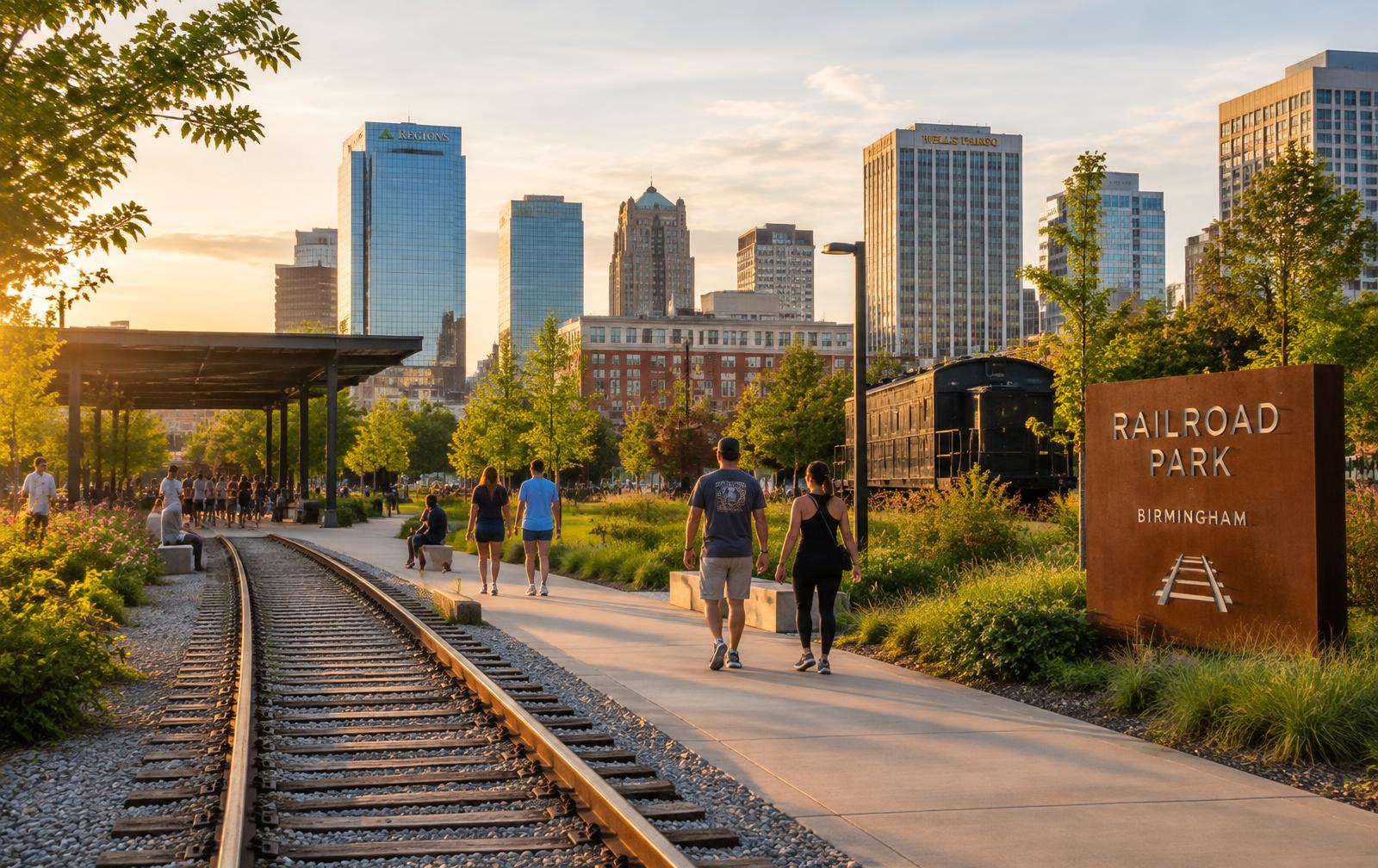 Pedestrians walking a path at Railroad Park with downtown Birmingham behind